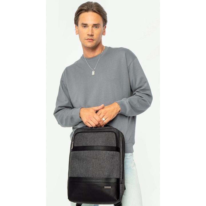 Rucsac pentru laptop de 15.6 inch WITTCHEN, poliester, negru/gri, cu manere si spate intarit