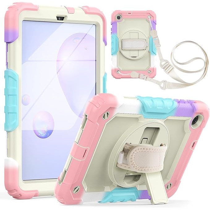 Husa Sigloo pentru Samsung Galaxy Tab A7 Lite(SM-T220/T225), 8.7", curea de umar, suport 360, Roz multicolor melange