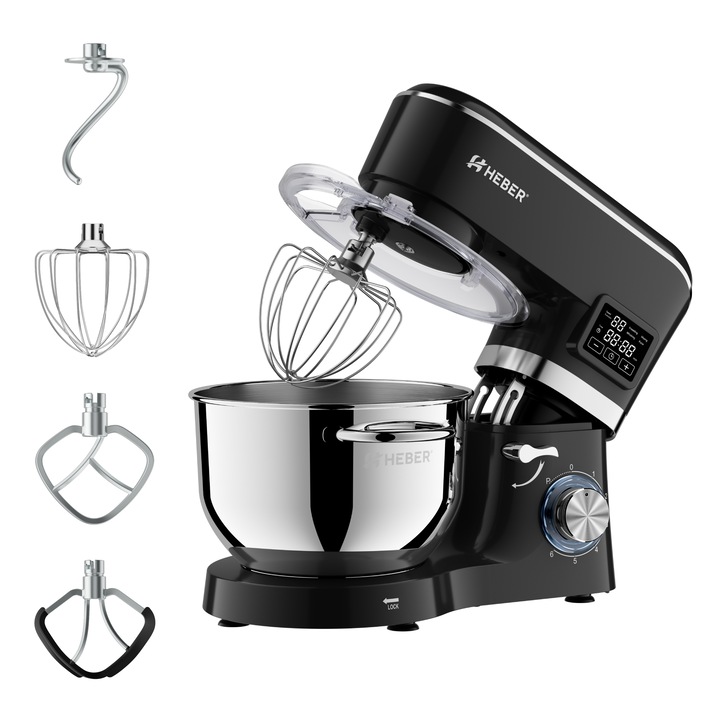 Миксер с купа от неръждаема стомана Heber® HBR-1503N, 2000 W, дигитален дисплей, таймер, купа 6.2 л неръждаема стомана, 6 скорости, функция импулс, елипсовидно движение, черен