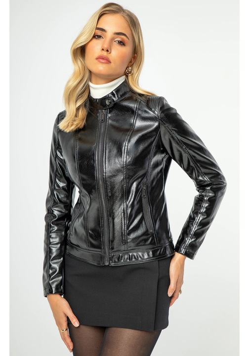 Jacheta de dama Wittchen, piele ecologica, neagra, cusaturi delicate