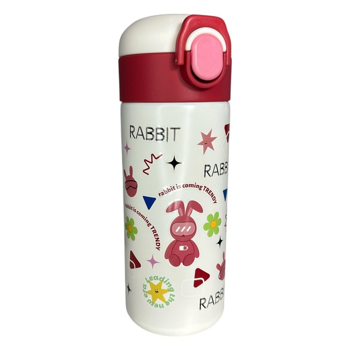 Sticla termos pentru copii 480 ml, design colorat, otel inoxidabil, capac flip, 21 cm, culoare rosu