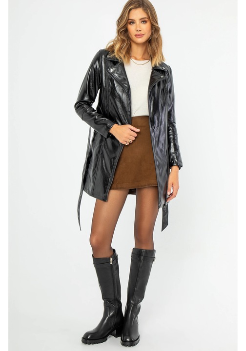 Palton dama Wittchen, negru, piele ecologica, cu buzunare laterale si curea ajustabila, XL INTL