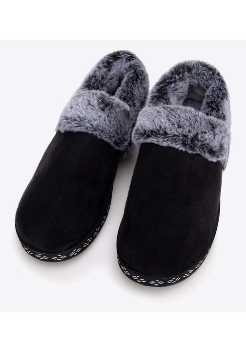 Papuci dama Wittchen, cu bordura decorativa, blana artificiala, negru, material sintetic