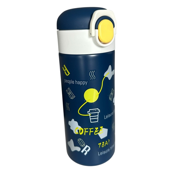 Sticla termos pentru copii 480 ml, design colorat, inox, capac flip, 21 cm, culoare albastru