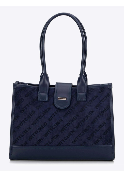 Шопър чанта от еко кожа с текстилен детайл, WITTCHEN, синя, практични размери