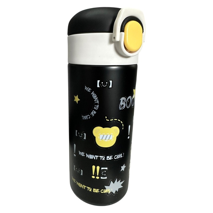 Sticla termos pentru copii 480 ml, design colorat, otel inoxidabil, capac flip, 21 cm, negru