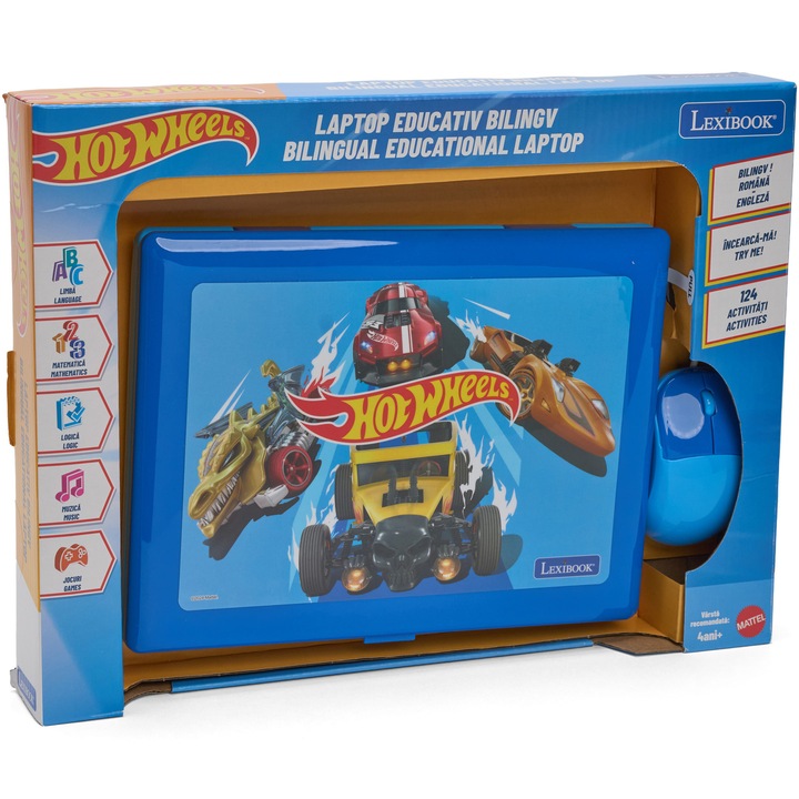 Образователен лаптоп Lexibook - Hot Wheels, Двуезичен EN/RO, 124 дейности