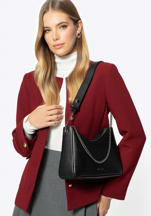 Дамска чанта WITTCHEN от естествена кожа, модел багета, черно-графит, с декоративни детайли, размери 30x15см