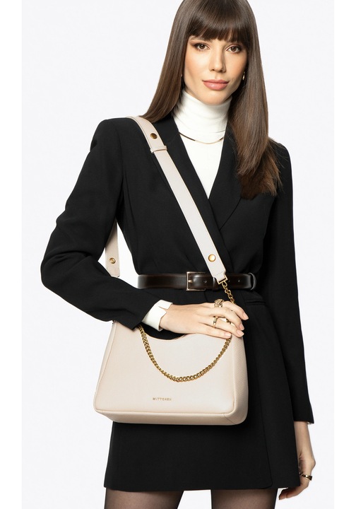 Дамска чанта WITTCHEN тип багета от естествена кожа, кремава, с декоративни детайли, практични размери.