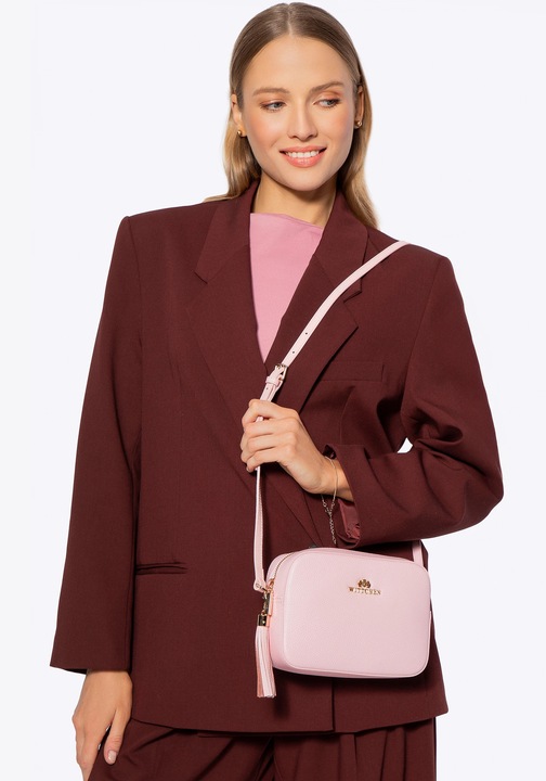 Дамска чанта WITTCHEN от естествена кожа, пудрена, с детайл пискюл, пудрено розова, размери 30x20x10см