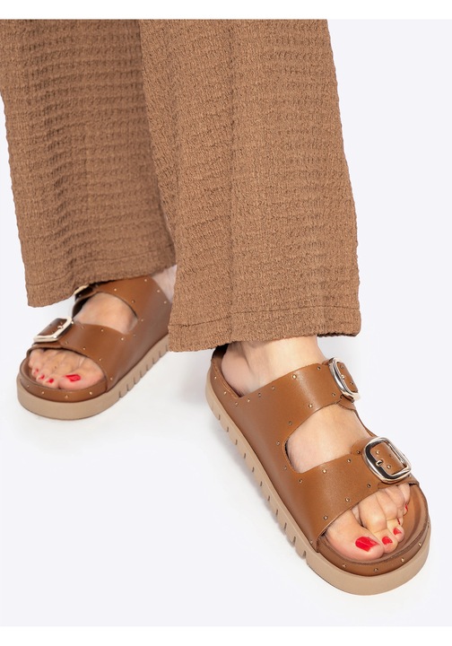 Slapi dama Wittchen, piele naturala, maro, curele reglabile, platforma, 37 EU