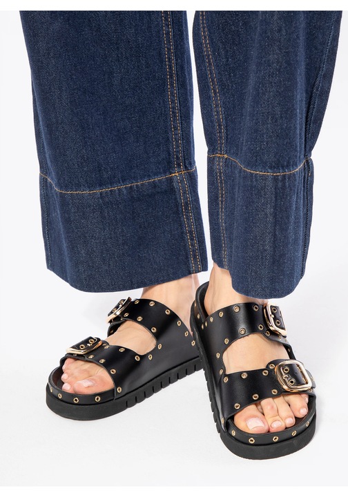 Slapi dama Wittchen, piele naturala, negru, platforma, curele reglabile