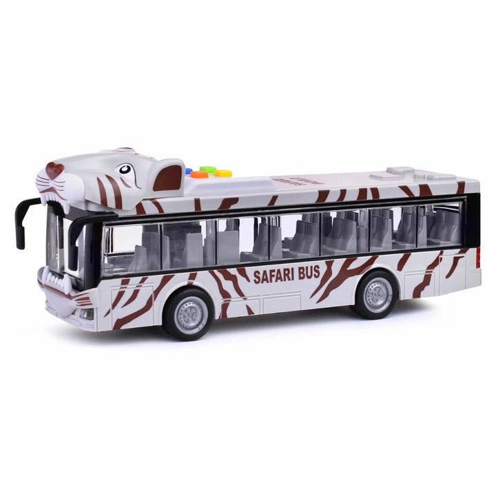 Autobuz safari, GHEMOTOC, Efecte luminoase si sonore, 1:16, alb/gri, 48x16x11cm