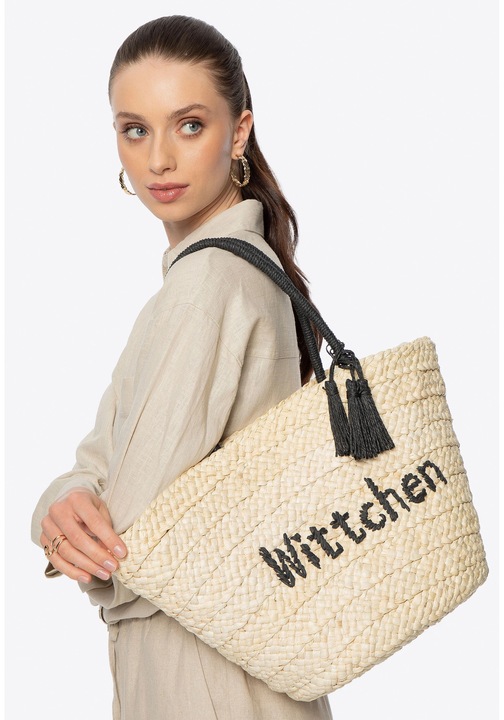 Дамска чанта WITTCHEN, тип кошница, от материал от царевична шушулка, с контрастни дръжки, 3 подвижни пискюла, бежово-черно