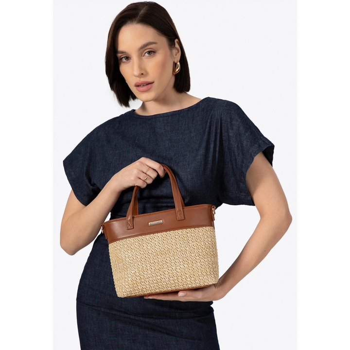 Дамска чанта WITTCHEN от екологична кожа и полипропилен, бежово-кафява, с регулируема презрамка