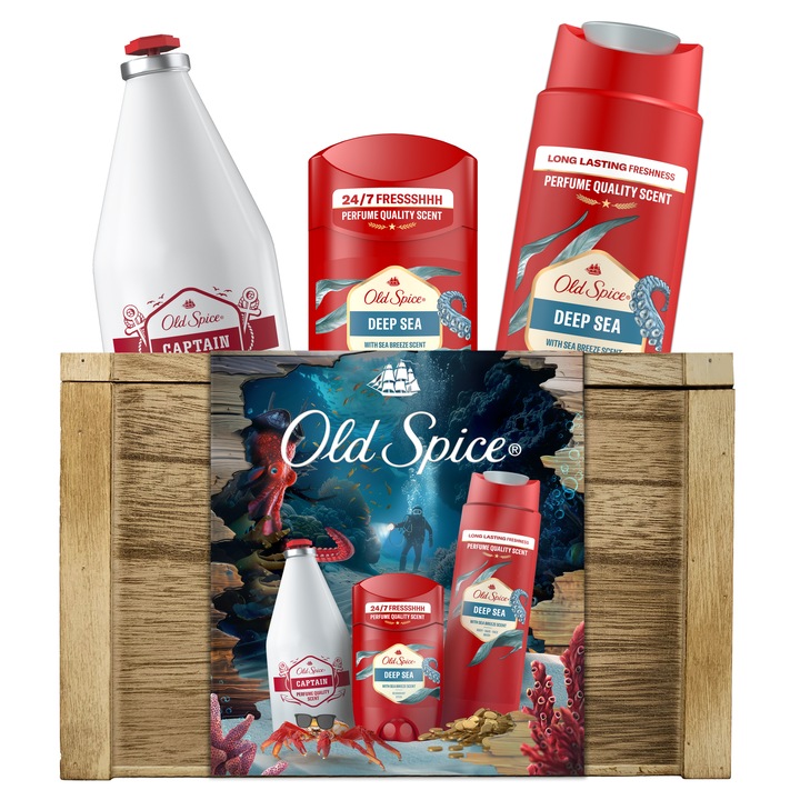 Set cadou Old Spice Comoara: Deodorant stick Deep Sea 50 ml, Gel de dus 250 ml, Lotiune dupa ras Captain 100 ml