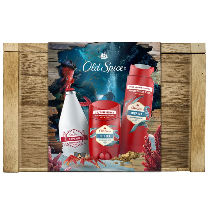 Set cadou Old Spice Comoara: Deodorant stick Deep Sea 50 ml, Gel de dus 250 ml, Lotiune dupa ras Captain 100 ml