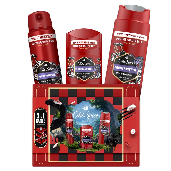 Set Cadou Old Spice Gamebox: Deodorant stick Nightpanther 50 ml, Spray Nightpanther 150 ml, Gel de dus Nightpanther 250 ml