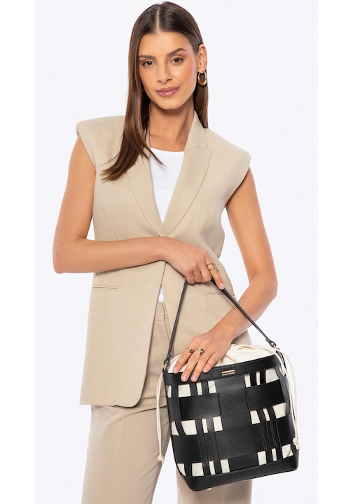 Дамска чанта WITTCHEN, тип торба, екологична кожа, черна, с плетени детайли