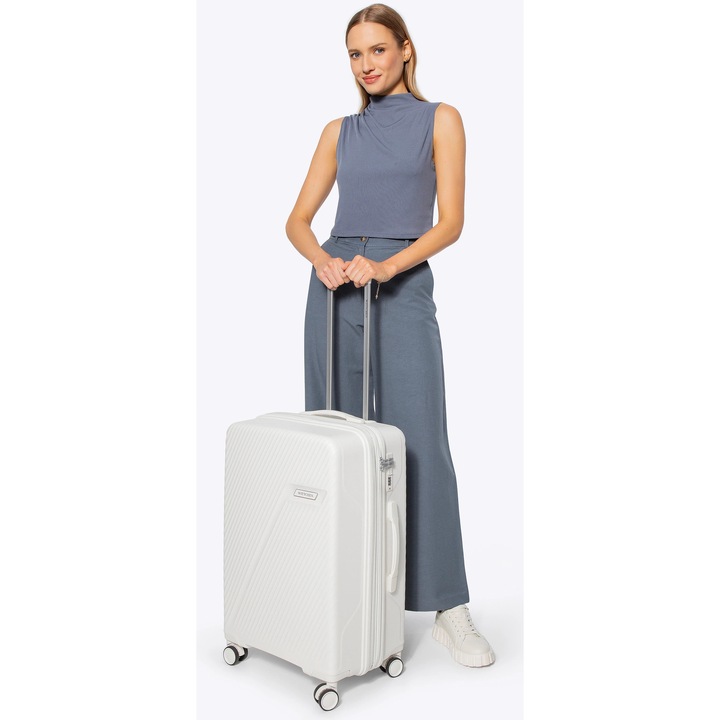 Среден куфар WITTCHEN, полипропилен, сребристо-бял, функция за разширение, 4 колела, 100л