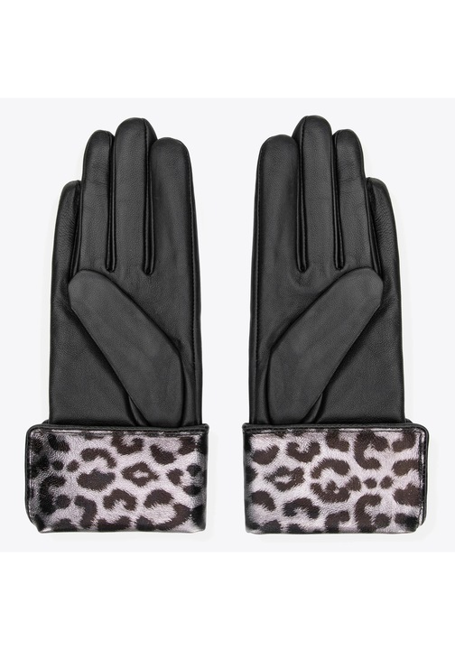 Manusi de dama din piele naturala cu imprimeu leopard, Wittchen, negre, XS