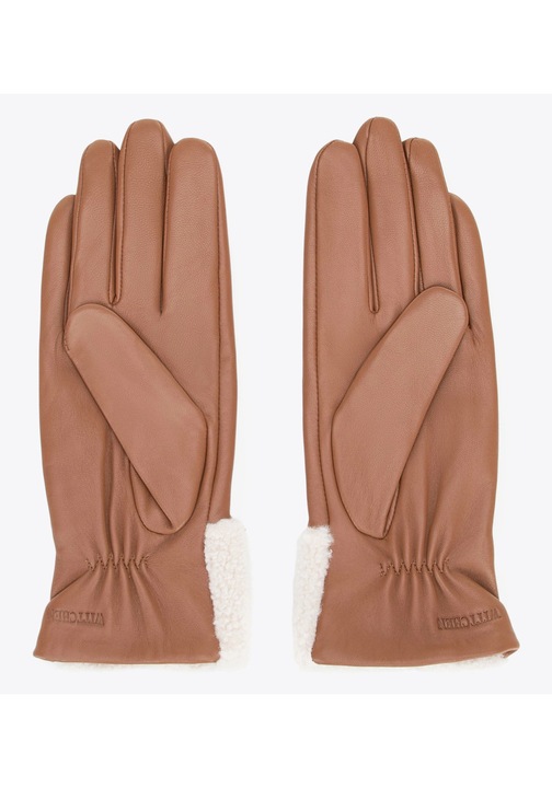 Manusi izolatoare pentru femei cu manseta decorativa, maro si crem, piele naturala, maro si crem