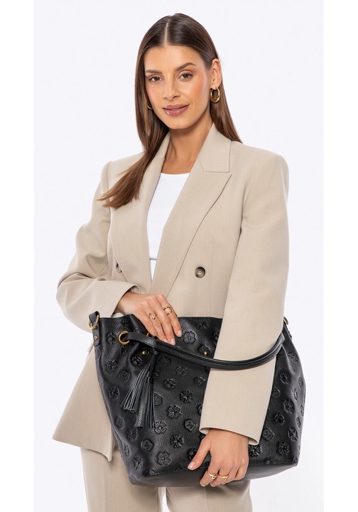 Дамска чанта тип торба WITTCHEN, черна естествена кожа с монограм, златни детайли, регулируеми размери.
