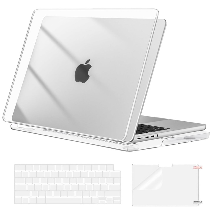 Husa laptop, 14 inch, transparent, set cu capac tastatura si folie protectie ecran, compatibila cu MacBook Pro M4/M3/M2/M1