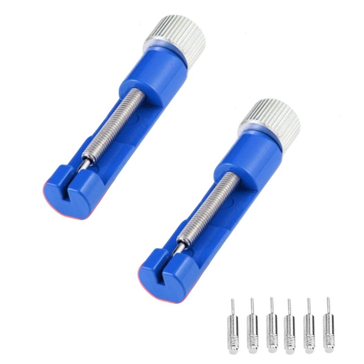 Set unelte pentru indepartarea verigilor bratarii de ceas, 2 piese, 6.5x1.4cm, albastru, cu 6 pini de rezerva
