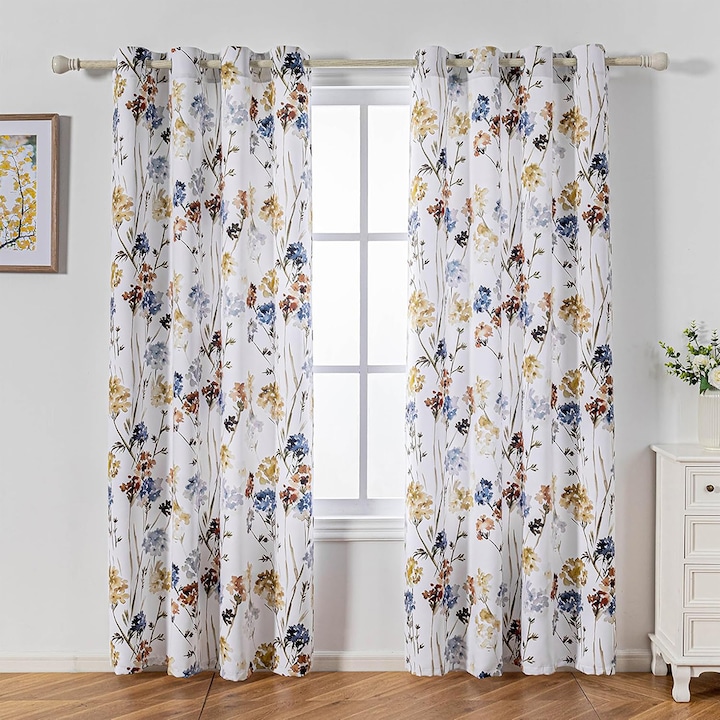 Draperie blackout cu inele, model floral, Premuda, densitate 200 g/m2, 135 x 250 cm, galben