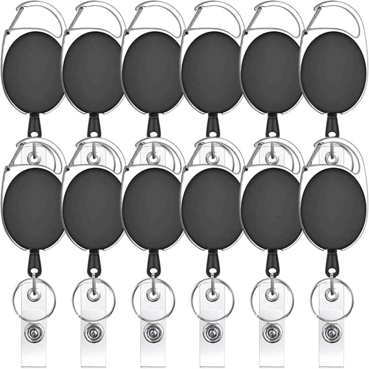 Set 12 Clips Reel cu Insigne Retractabile, SACONELL, Extensii Lanyard Carabiner pentru Ineluri de Chei si Suport de Carduri ID, 60cm/23.6, Negru