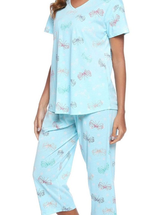 Pijamale pentru femei, compuse din bluza si pantaloni, potrivite pentru vara, cu model fluture, din poliester, albastre, marimea M