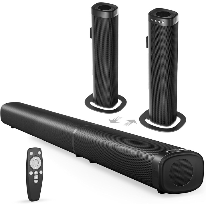 Hangprojektor, 100 W-os Soundbar okostévéhez, Bluetooth 5.3 Soundbar, 2 az 1-ben leválasztható hangszóró mélyhanghatással, házimozi térhatású hangzás, ARC/optikai/AUX/USB csatlakozások, TV-hez/PC-hez/projektorokhoz