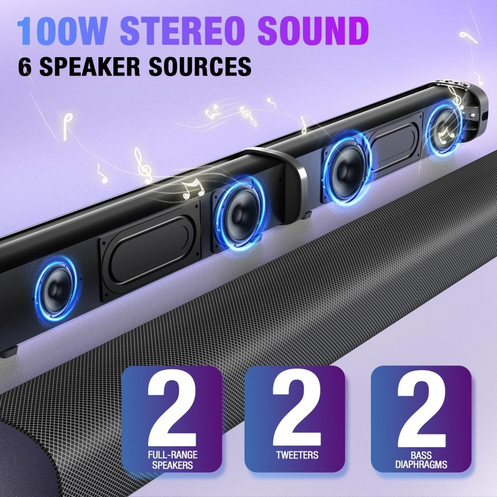 Bara de sunet, bara de sunet de 100 W pentru Smart TV, bara de sunet Bluetooth 5.3, difuzor detasabil 2 in 1 cu efect de bas, sunet surround home theater, conexiuni ARC/optice/AUX/USB, pentru TV/PC/proiectoare
