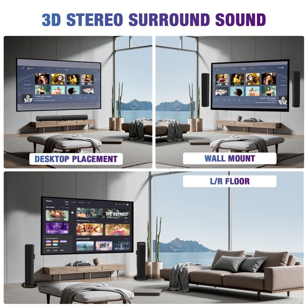 Bara de sunet, bara de sunet de 100 W pentru Smart TV, bara de sunet Bluetooth 5.3, difuzor detasabil 2 in 1 cu efect de bas, sunet surround home theater, conexiuni ARC/optice/AUX/USB, pentru TV/PC/proiectoare