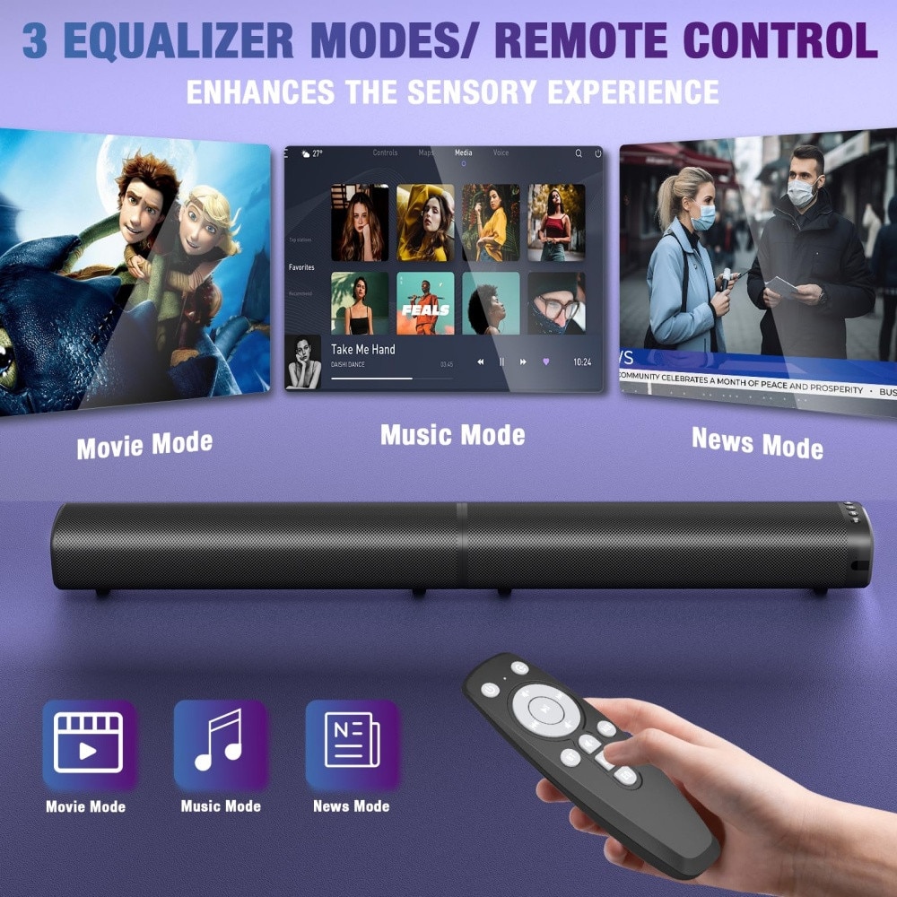 Bara de sunet, bara de sunet de 100 W pentru Smart TV, bara de sunet Bluetooth 5.3, difuzor detasabil 2 in 1 cu efect de bas, sunet surround home theater, conexiuni ARC/optice/AUX/USB, pentru TV/PC/proiectoare