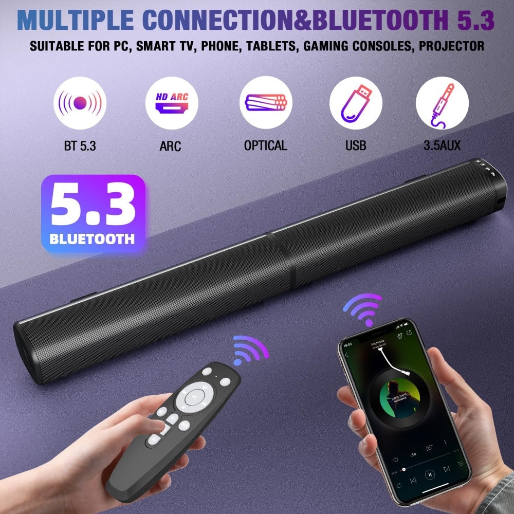 Bara de sunet, bara de sunet de 100 W pentru Smart TV, bara de sunet Bluetooth 5.3, difuzor detasabil 2 in 1 cu efect de bas, sunet surround home theater, conexiuni ARC/optice/AUX/USB, pentru TV/PC/proiectoare