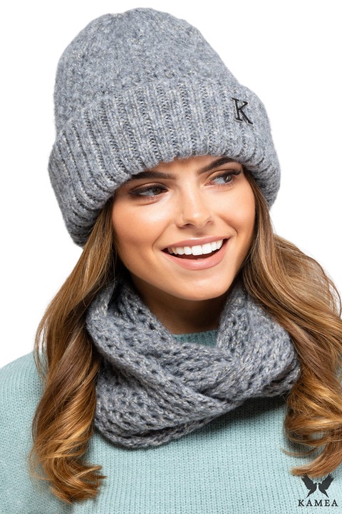 Дамски шал KAMEA, сив, топъл материал, дизайн с дебело въже