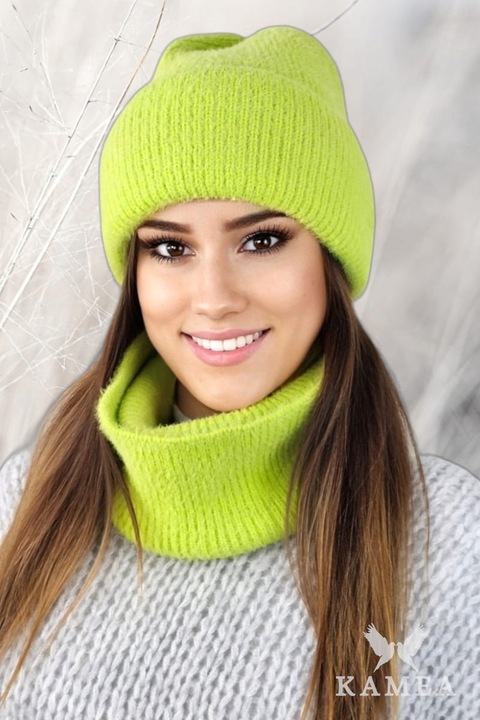 Caciula si fular dama KAMEA, alpaca, elastica, verde lamaie