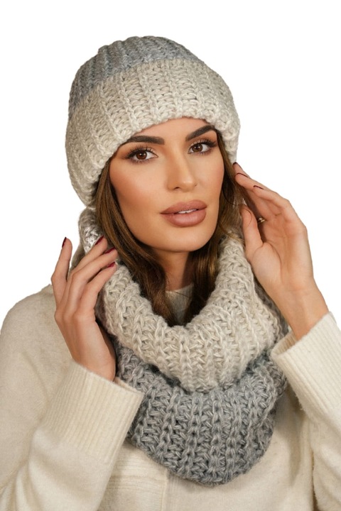 Caciula si fular KAMEA, bej, set, polar