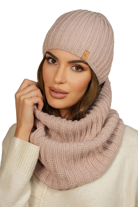 Set caciula si komin, KAMEA, roz, din lana de alpaca, cu polar, gros.