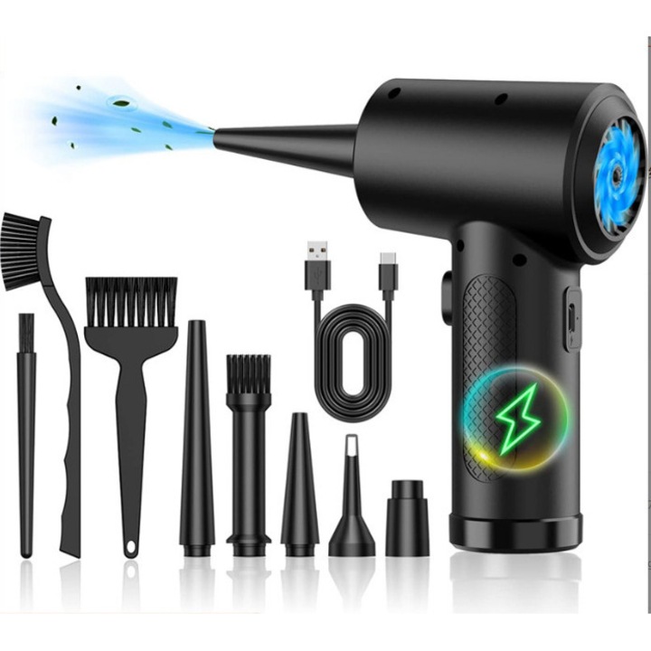 Vezeték nélküli porszívó és fúvó, Fantasy, 2 az 1-ben autóba és otthonra, 50000 RPM, 6000 mAh, 5 cserélhető fúvóka, LED, elektronika és állatszőr tisztítására, Multifunkcionális, Hordozható