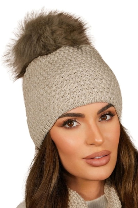 Női sapka KAMEA RUBBI, téli, bézs, pomponnal