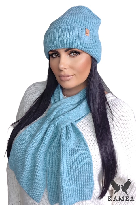 Caciula si fular KAMEA, turcoaz, set, material placut la atingere, design cu margine lata