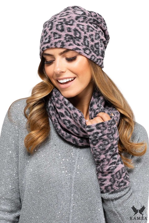 Caciula si fular set KAMEA, roz, model pantera, pentru sezonul toamna-iarna