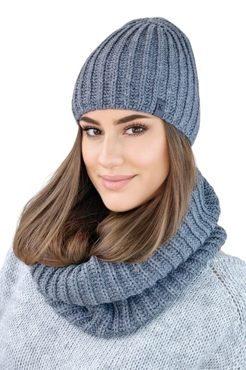 Set caciula si komin, KAMEA, gri, din lana de alpaca, cu polar, grosime mare.