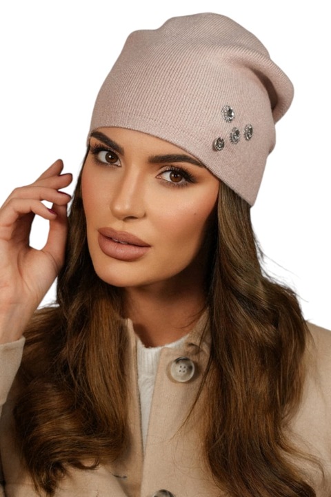 Caciula dama Kamea Marcus, roz, cu decoratiuni din cyrkonii, 40% acril, 25% wiskoza, 20% lana, 15% elastan