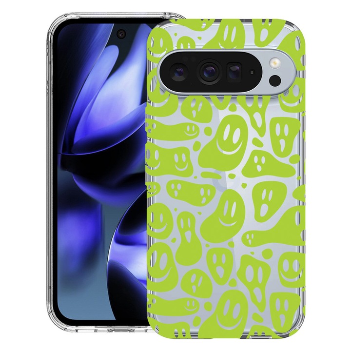 BestCase® Husa pentru Google Pixel 10 / Pixel 10 Pro cu Design Green Acid Smiley, Clear Slim Silicon, Antisoc, 2042412 T 1051