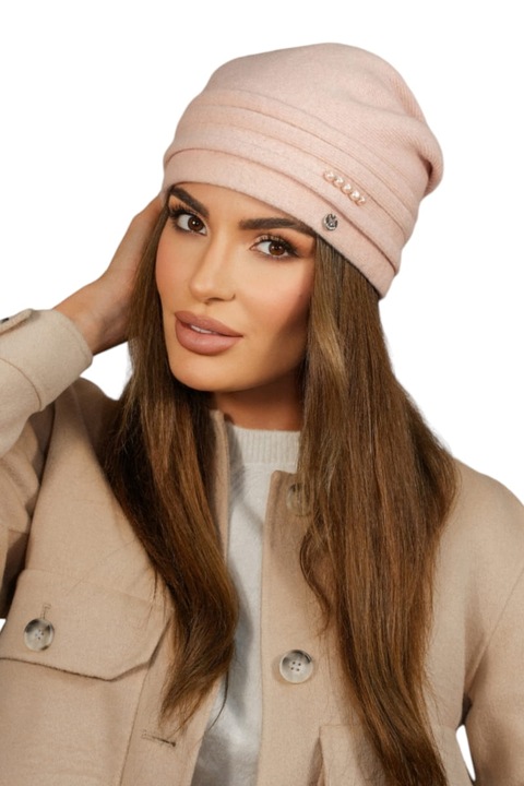 Caciula dama Kamea Sakura, roz, 80% lana, 20% poliamid, cu perle, set recomandat cu esarfa si manusi