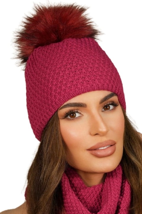 Caciula dama KAMEA RUBBI, fucsia, cu pompon, set de toamna-iarna
